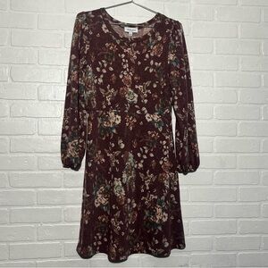 Gilli Burgundy Floral Long Sleeve Dress Fit and Flare A-Like Scoop Neck Medium